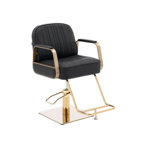 Crewe Orlando Eddie Styling Chair - Black upholstery with a gold square base and arm rests.