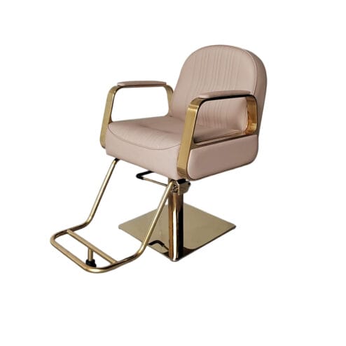 Crewe Orlando Eddie Styling Chair - champagne upholstery with a gold square base and arm rests.