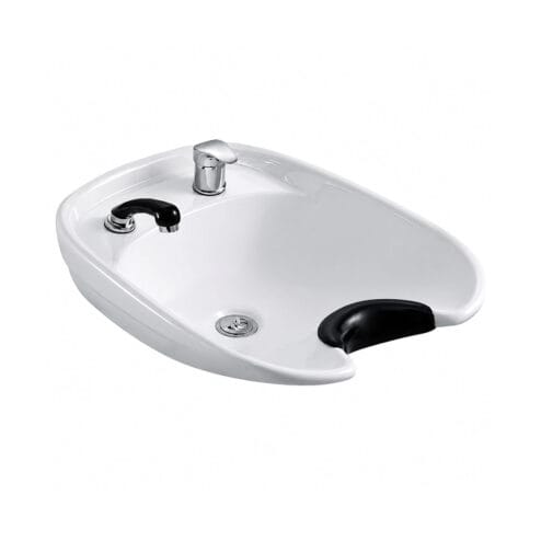 Salon Fit Standard Backwash Basin, with neck cushion, chrome tap, and black wash hose