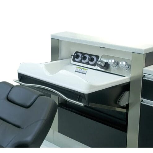 Takara Belmont Salon Console Basin Unit with reclining chair up to the basin