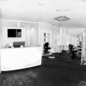 The Faretra Hair Salon, Paris, France featuring a coordinating selection of Nelson Mobilier Salon Furniture.