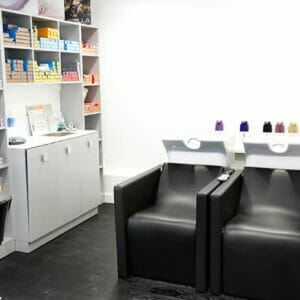The Faretra Hair Salon, Paris, France featuring a coordinating selection of Nelson Mobilier Salon Furniture.