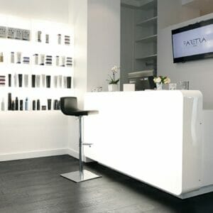 The Faretra Hair Salon, Paris, France featuring a coordinating selection of Nelson Mobilier Salon Furniture.